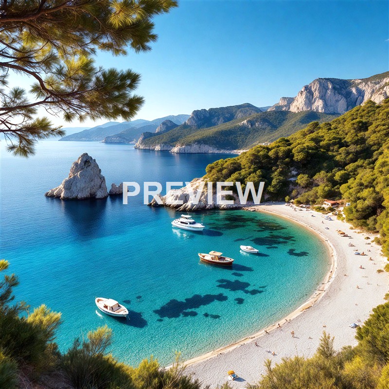 A scenic coastal landscape featuring a crescent-shaped beach with clear turquoise waters, surrounded by lush green trees, rocky formations, and distant mountains under a bright blue sky, with several boats anchored near the shore.